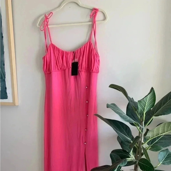 NWT NBD Revolve Fleure Hot Pink Crystal Studded Slit Strappy Jersey Midi Dress M - Picture 8 of 9